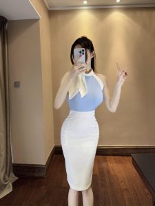 Suirui Sleeveless Korean Air Stewardess Style Dress Fashionable Slimming Scarf Collar Blue White Commuter Dress