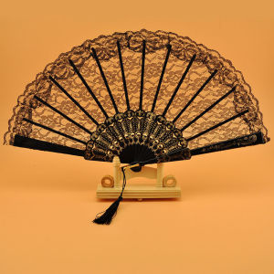 พัดผ้าลูกไม้สไตล์ย้อนยุคยุโรปสองชั้นสำหรับเต้นรำและงานแต่งงาน ผ้าคลุมไหล่ ชุดกี่เพ้า ชุดราตรี สีดำ วัสดุพลาสติก