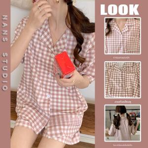 สีชมพูลายสก๊อตผ้าฝ้ายแขนสั้นชุดนอนสําหรับสตรีฤดูร้อน 2024 ใหม่มาถึงINSยอดนิยมเสื้อผ้าชุดสําหรับหญิงสาว