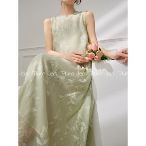 PlumJan | Gentle Forest Style Light Green Sleeveless Tree Print Waist-defining Slim Long Dress