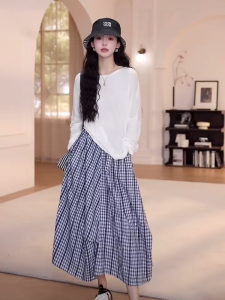 Shalldoer | Summer New Pure Color Loose Long Sleeve T-shirt Elastic Waist Irregular Check Half Skirt Set