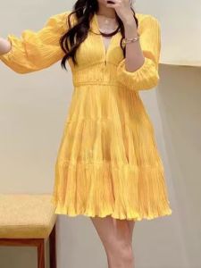 Sweet Style M Home 2024 Spring Summer New Fashion Pleated Waist Cinch Bubble Sleeve V Neck Dress Womens a Line Skirt Polyester Fiber