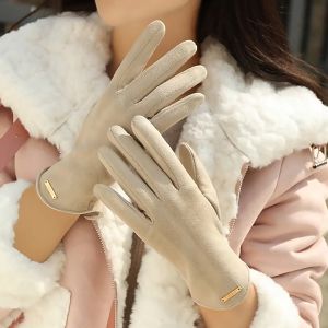 【Local Delivery】Women Touch Screen Gloves Suede Fabric Full Finger Outdoor Sport Autumn Winter Thin Warm Elegant Windproof