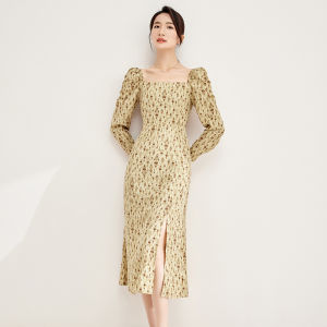 Elegant Romantic Long Sleeve Slimming Waist Midi Dress Womens Fashion Square Collar Slit Polyester Bubble Sleeve Dress