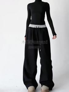 MUYUZI | Black High-Waist Wide Leg Trousers Straight Fit Skinny Pants