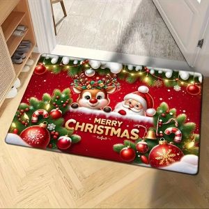VIKAMA Tuần Lộc Santa Trang Trí Giáng Sinh Thảm Chùi Chân Màu Đỏ Thảm Chống Trượt Giáng Sinh Vui Vẻ Thảm Chào Mừng Cho Lối Vào Phong Cách Hiện Đại Polyester