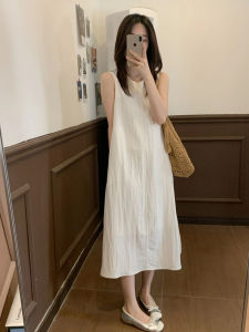 French Elegant White Sleeveless Vest Dress Women Summer 2025 New Beach Vacation Classy Long Skirt High Waist Pure Color A-Line