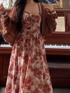 dark red dress korean style vintage floral dress tanpa lengan panjang t casual dress big size jumbo party dress