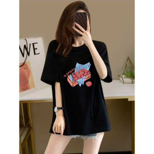 Chic Pure Cotton Short Sleeve T-Shirt Womens Black Stylish Summer Top Korean Style Commute Casual Loose Fit round Neck