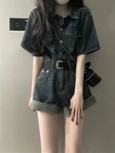 Áo Vest Denim American Retro Dáng Rộng Mùa Hè Cho Nữ Quần Short Ống Rộng Bộ Đồ Hai Mảnh Cotton Cạp Cao Quần Áo Công Sở Cho Nữ