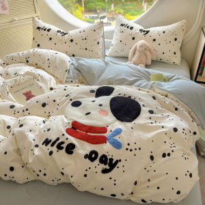 Cute Soft Washed Cotton Bedding Set Towels Embroidered Duvet Cover Sheet Student Dormitory Three-piece Set Cartoon Design