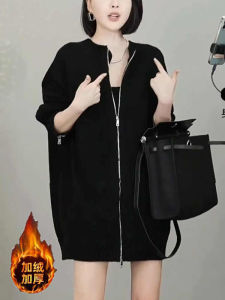 plus Size Autumn Winter Zipper Cardigan Sweatshirt Jacket Women Loose Fleece Mid-Length Dress Skirt Korean Style Commute