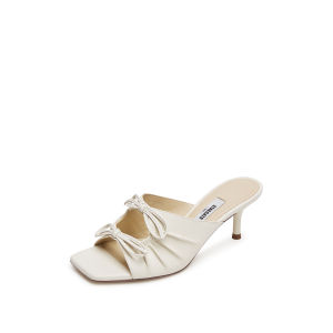 Staccato New Creamy Head Square Slippers Womens Elegant Butterfly Knot Rubber Sole Summer Fine Heel Sandals EBQ25BT5