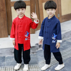 Little Boys Tang Style Costume Chinese New Year Suit Kids Red Navy Hanfu Traditional Thin Outfits Sets
