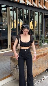 🌈MesubShop🌈เสื้อครอปแขนตุ๊กตา ผ้ามุ้ง2ชั้น แต่งโบว์ช่วงอก 🎀 ผ้ายืดใส่สบาย นางแบบใส่งานจริงค่า รุ่น โบว์รัก B-002-2-AA