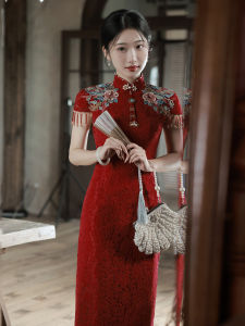 Engagement Party Red Qipao Dress Beautiful Chinese Style Wedding Dress Short Sleeve mid Waist Fit for Various Occasions