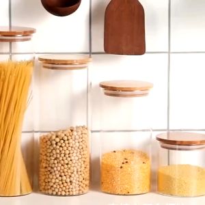 เครื่องหมายของขวดโหลสูญญากาศ กล่องใส่อาหาร โหลแก้ว ฝาไม้ ในการเก็บชาขนมปรุงรสอาหารแห้ง 3 ขนาด