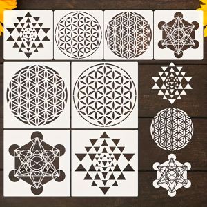 8PCS 8inch+5.9inch Sacred Geometry Stencil Set Flower of Life & Metatron Patterns Reusable DIY Painting Template for Wall Furni