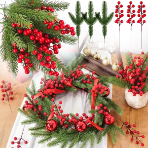 10-20PCS Artificial Pine Branches Christmas Holly Red Berries Stems for Xmas Tree DIY Wreath Decorations Christmas Home Decor