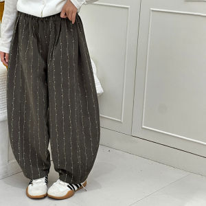 Girls Casual Stripe Lantern Pants Autumn Fashionable Versatile Cotton Elastic Waist Long Pants Vintage Leisure Trousers