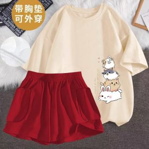 Sweet Cartoon Panda Sleepwear with Chest Pad Short Sleeve Thin V-Neck Summer Casual Home Clothes for Girls Low Waist Briefs