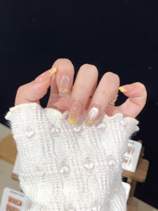 Handmade Wearable Nail Art Stickers Yellow Flower Summer Freshness Cats Eye Dry Flower French Style White Enhancing Nail Tips