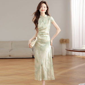 ชุดเดรสยาวสไตล์จีนใหม่สำหรับผู้หญิงในฤดูร้อน ชุดเดรสยาวสไตล์น้ำตาลปีกปลา สไตล์ย้อนยุค เดรสยาวสุดสง่างาม