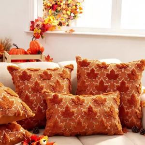 1pc Autumn Caramel Plush 3D Embroidered Sequin Maple Leaf Pillow Cover (No Insert) Harvest Festival Themed Thanksgiving