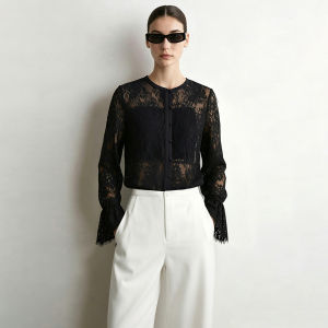 AMII | Resort Style Lace Shirt Round Neck Fabric Covered Buttons