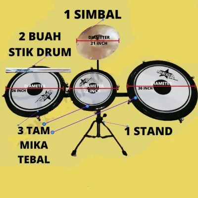 Tamtam drum isi 3 simbal 1 dan 2 bonus dua stik tam tam mini