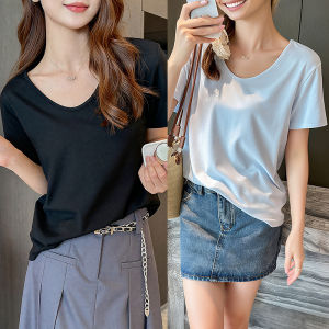 miiow | Slimming Effect V-neck Solid Color Plus Size Short Sleeve T-shirt Women Casual Summer New Style Versatile Base Layer Top