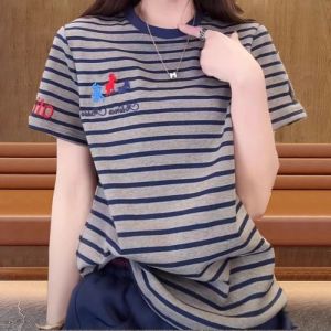 Summer 2025 Womens Casual round Neck Short Sleeve T-shirt Embroidered Stripes Slimming Effect Versatile Comfortable Korean Style