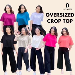 INFINITEE Kaos Crop Top Oversized Wanita Lengan Pendek Bahan Cotton Combed 30s