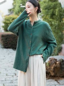 เสื้อเชิ้ตคอตั้งแขนยาวผ้าลินินผสมผ้าฝ้ายสไตล์จีนสำหรับผู้หญิง ทรงหลวม สวมใส่สบาย ฤดูใบไม้ผลิ 2025 ฤดูร้อน