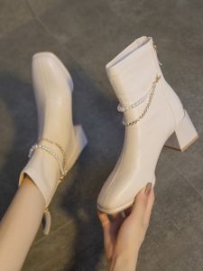 Elegant French White High Heel Short Boots Womens Spring Autumn Chunky Heel Square Head Slim Boot Korean Style Fashion Boot