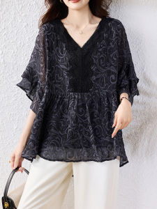 Loose V-Neck Short Sleeve Lace Top Womens Summer New Style plus Size Cover Belly Slimming Shirts Commute Style Polyester Fiber