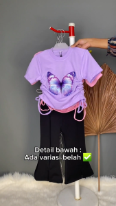 Setelan Kaos Serut Crop Top dan Cutbray Belah Anak Perempuan Kupu-Kupu Umur 1-14 tahun