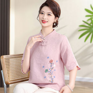 เสื้อยืดคอตตอนลินินแขนสั้นปักลายสไตล์จีนใหม่สำหรับผู้หญิงวัยกลางคน เสื้อเชิ้ตแฟชั่นฤดูร้อน ทรงหลวม ความยาวปกติ