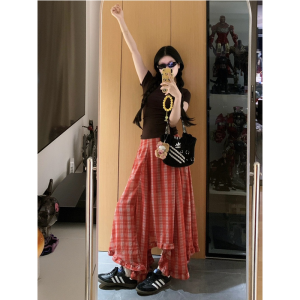 Váy Chữ a Cạp Cao Kẻ Caro Đỏ Cổ Điển Dài Vừa Phải Cho Nữ Mùa Hè Váy Mùa Hè Không Đều Cho Nữ Cao Gót