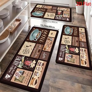 VIKAMA Coffee-Themed Kitchen Area Rug Soft Non-Slip Indoor/Outdoor Entryway Rug with Retro Collage Slogan Print Home Decor