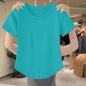 Womens Pure Cotton Short Sleeve T-Shirt Summer New Loose Fit round Neck Arc-shaped Hemline Slimming Effect Body Shirt Top
