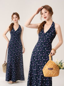 Hang-necked Sweet Floral Dress Long