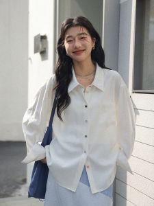 White Long-sleeved Shirt Colorful Buttons Design Top