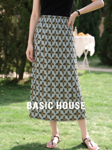 Basic House | Retro Geometric Print Slit Thin High Waist A-line Skirt