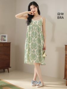 Miiow | MiiOW Mint Wave Thin Strap Sleep Dress Womens Summer New Outwear Dress Sweet Style Polyester Fabric Floral Print Casual Home Wear