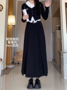 Black High Waist A-Line Midi Skirt for plus Size Women Pear Shape Bodycon Slimming Hip Covering Autumn Polyester Fabric