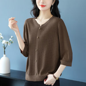 Middle-Aged Ladieswear Autumn Thin 3/4 Sleeve Knitwear Loose Western Style Tops Womens plus Size Silk T-shirt