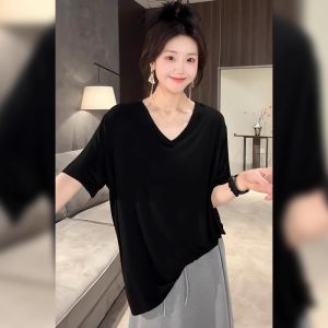 BINKAFENNY | Unique Womens Mid-Length V-Neck Short-Sleeve T-Shirt Summer 2025 Fashionable Loose Half Sleeve Top Straight Cut Solid Color