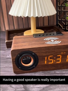 HXR Wooden Alarm Clock Bluetooth Speaker with Wireless Charger Dual Subwoofer Speaker FM Radio TF Card & USB Playback