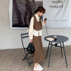 Slimming High Waist French Style Shirt Vest Midi Skirt Three Piece Set Womens Fashion Autumn Collection Polyester Long Sleeve